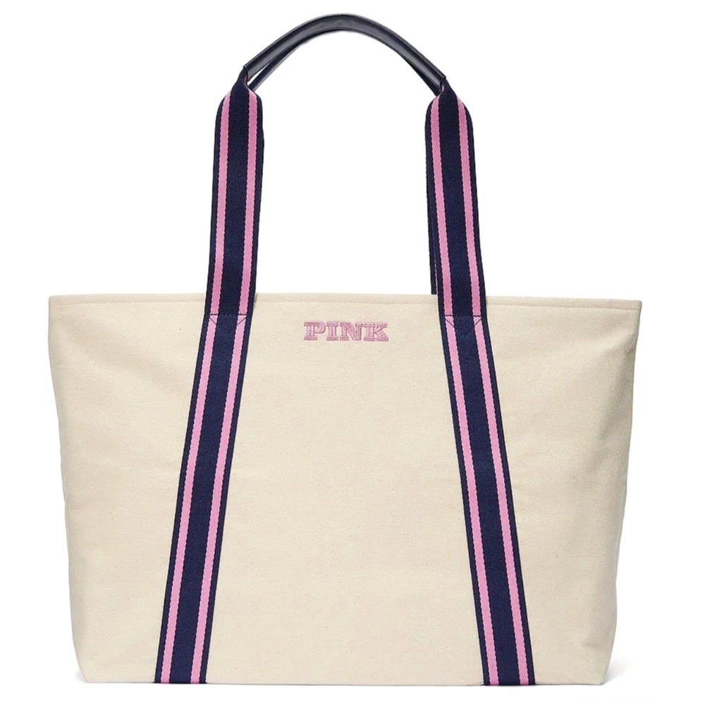 NEW Victorias Secret PINK Canvas Tote Bag Pink Blue Lining Y2K Zip Large NWT